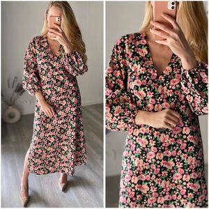 ASOS DESIGN long bubble sleeve midi dress in black floral print